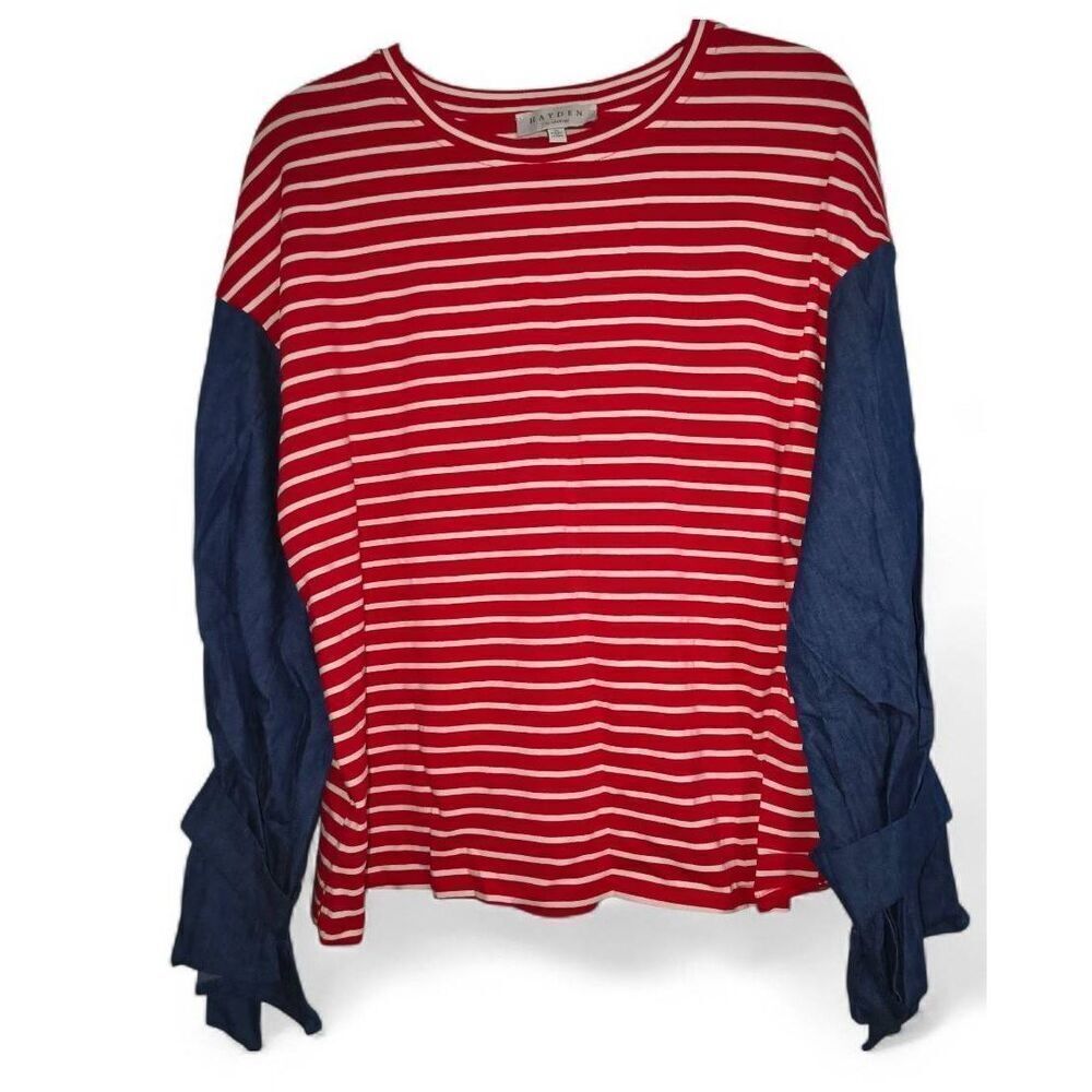 Hayden Los Angeles red White striped top featuring contrasting denim sleeves wit